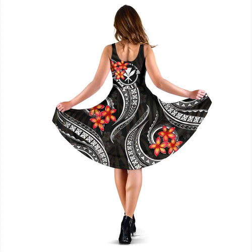 Polynesian Hawaii Midi Dress - Black Plumeria