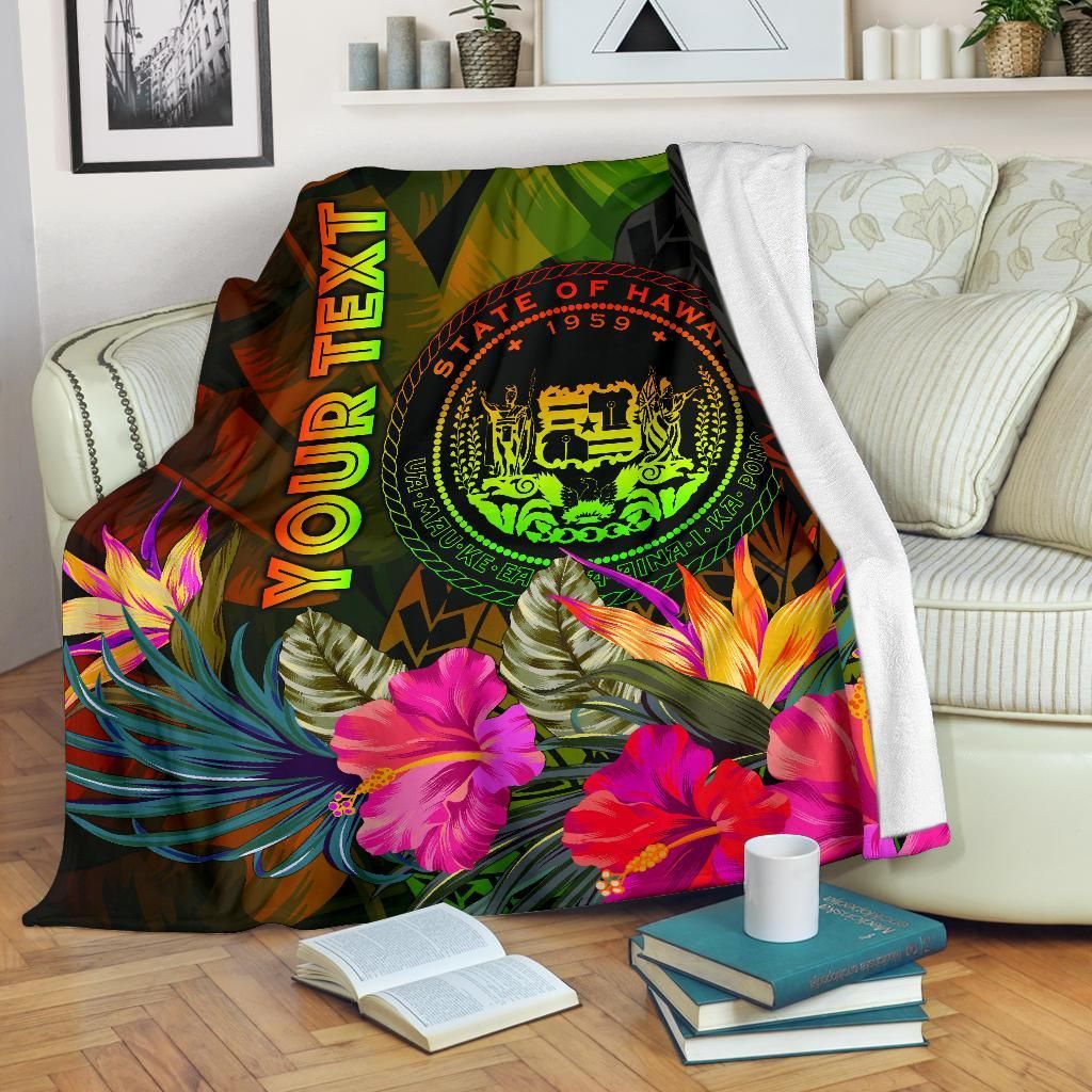 Polynesian Hawaii Polynesian Personalised Premium Blanket -  Hibiscus and Banana Leaves
