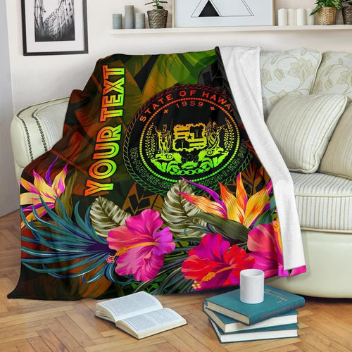 Polynesian Hawaii Polynesian Personalised Premium Blanket -  Hibiscus and Banana Leaves