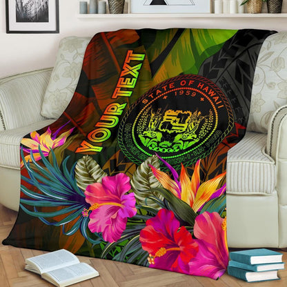 Polynesian Hawaii Polynesian Personalised Premium Blanket -  Hibiscus and Banana Leaves