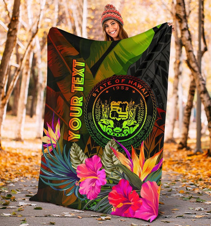 Polynesian Hawaii Polynesian Personalised Premium Blanket -  Hibiscus and Banana Leaves