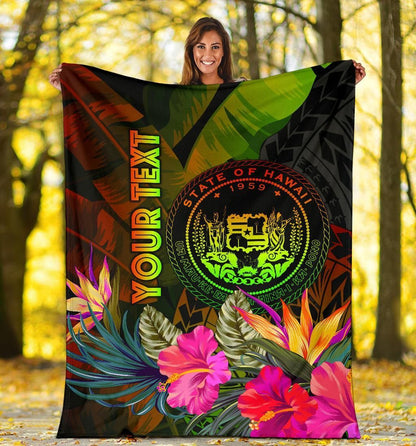 Polynesian Hawaii Polynesian Personalised Premium Blanket -  Hibiscus and Banana Leaves