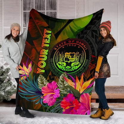 Polynesian Hawaii Polynesian Personalised Premium Blanket -  Hibiscus and Banana Leaves