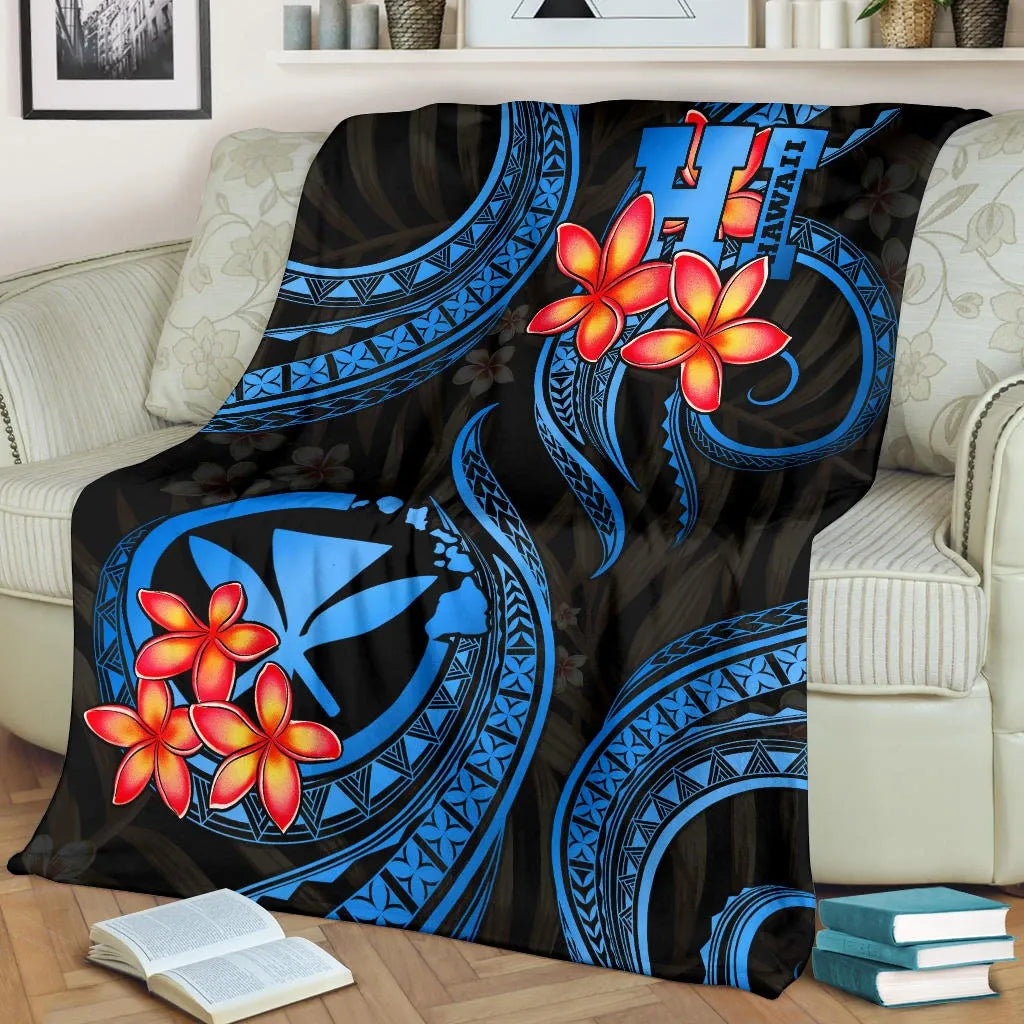 Polynesian Hawaii Premium Blanket - Blue Plumeria