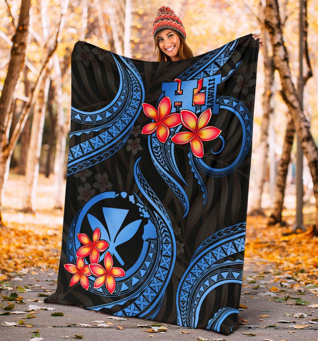 Polynesian Hawaii Premium Blanket - Blue Plumeria