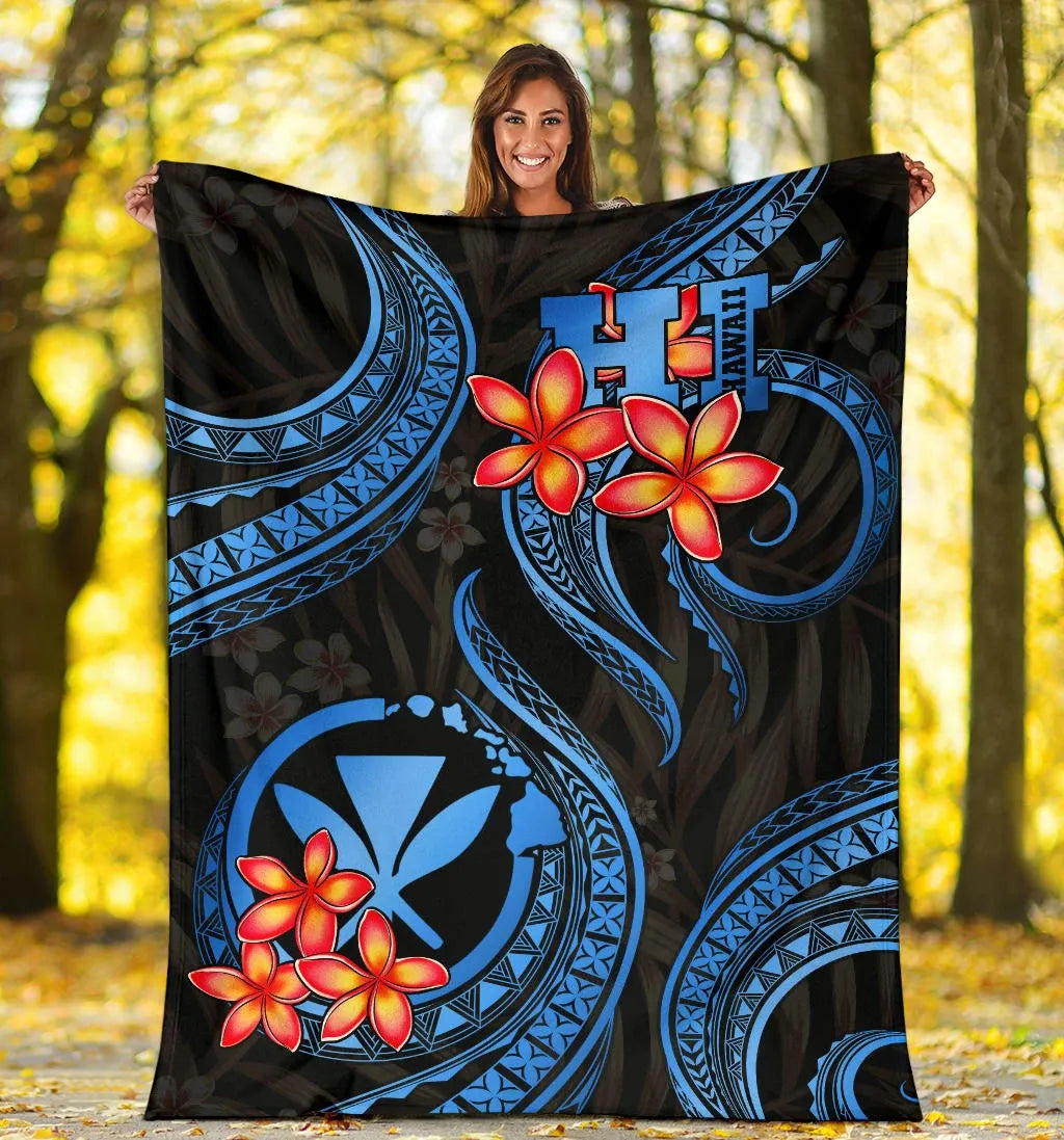 Polynesian Hawaii Premium Blanket - Blue Plumeria