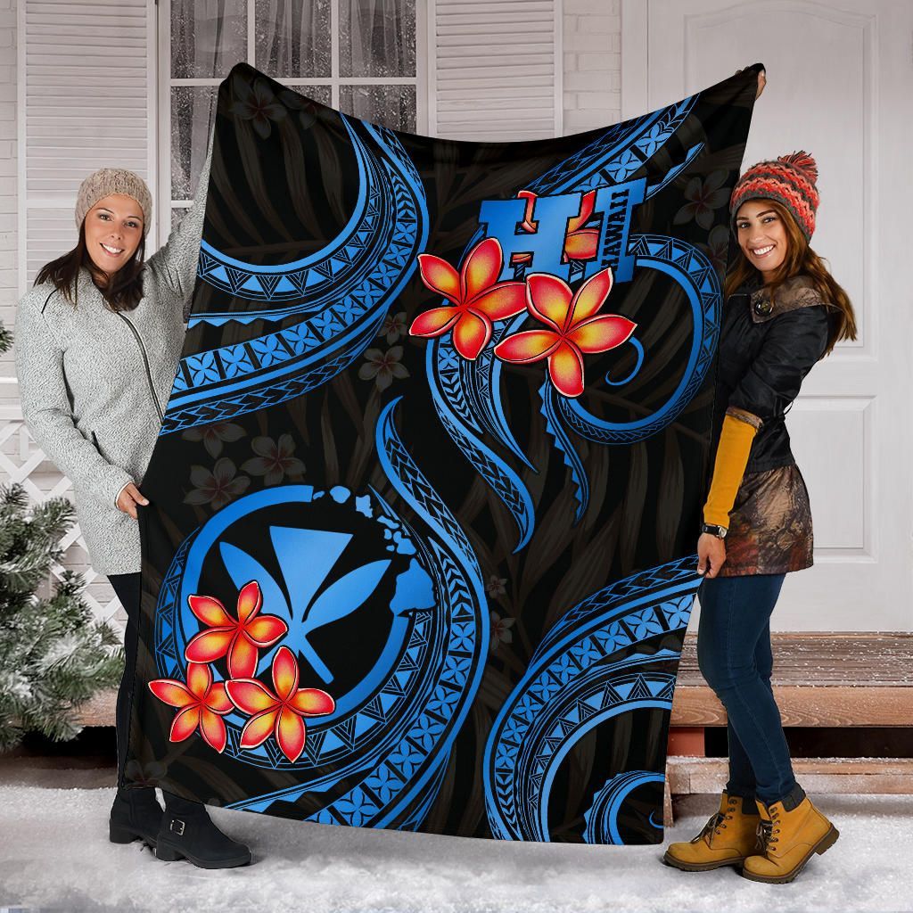 Polynesian Hawaii Premium Blanket - Blue Plumeria