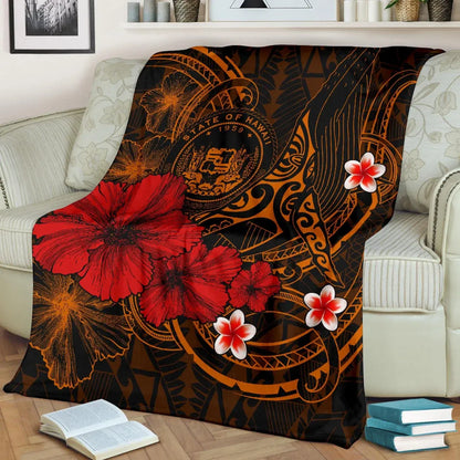 Polynesian Hawaii Premium Blanket - Humpback Whale with Hibiscus (Golden)