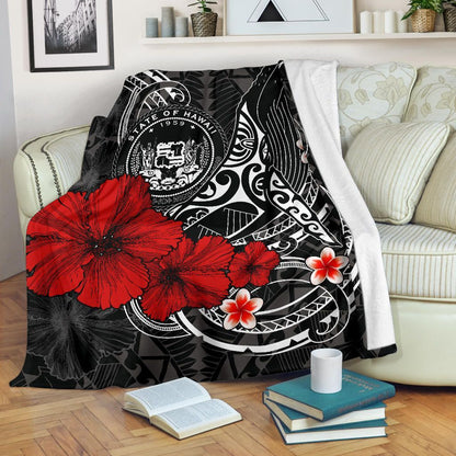 Polynesian Hawaii Premium Blanket - Humpback Whale with Hibiscus (White)