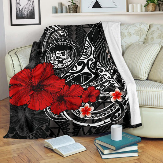 Polynesian Hawaii Premium Blanket - Humpback Whale with Hibiscus (White)