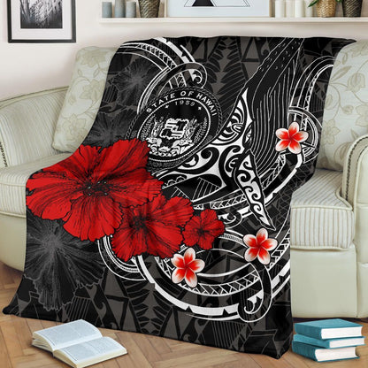 Polynesian Hawaii Premium Blanket - Humpback Whale with Hibiscus (White)
