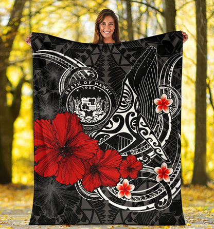 Polynesian Hawaii Premium Blanket - Humpback Whale with Hibiscus (White)