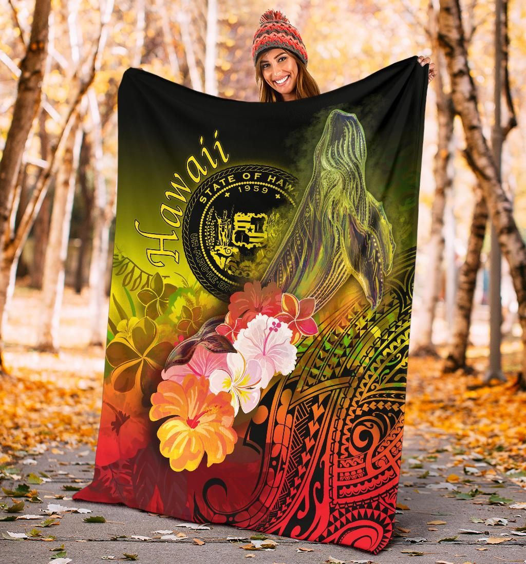 Polynesian Hawaii Premium Blanket - Humpback Whale with Tropical Flowers (Yellow)