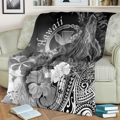 Polynesian Hawaii Premium Blanket - Kanaka Maoli Humpback Whale with Tropical Flowers (White)