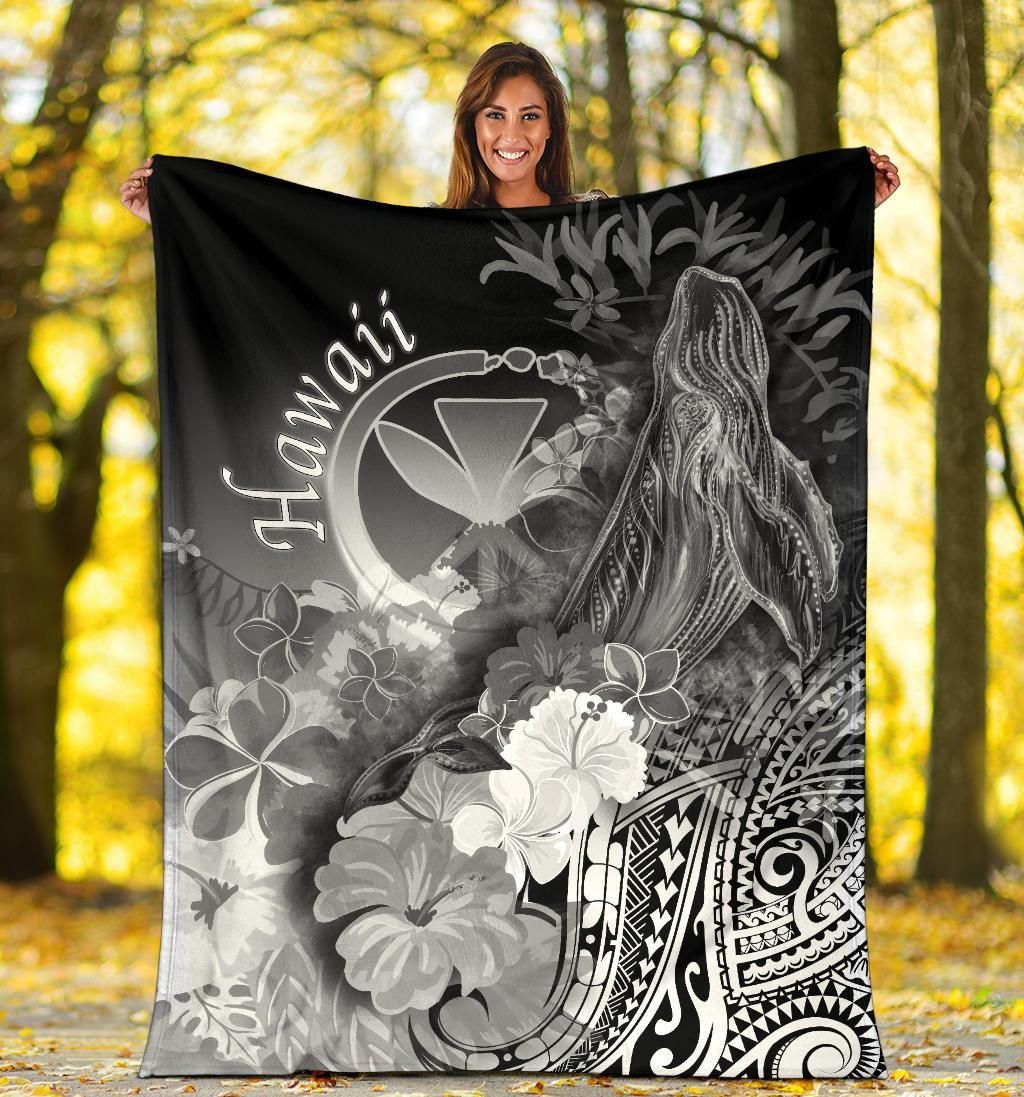 Polynesian Hawaii Premium Blanket - Kanaka Maoli Humpback Whale with Tropical Flowers (White)