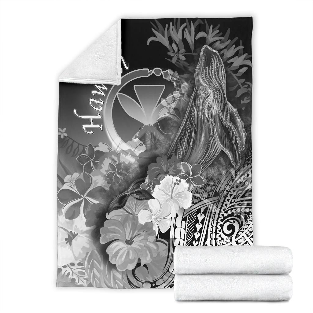 Polynesian Hawaii Premium Blanket - Kanaka Maoli Humpback Whale with Tropical Flowers (White)