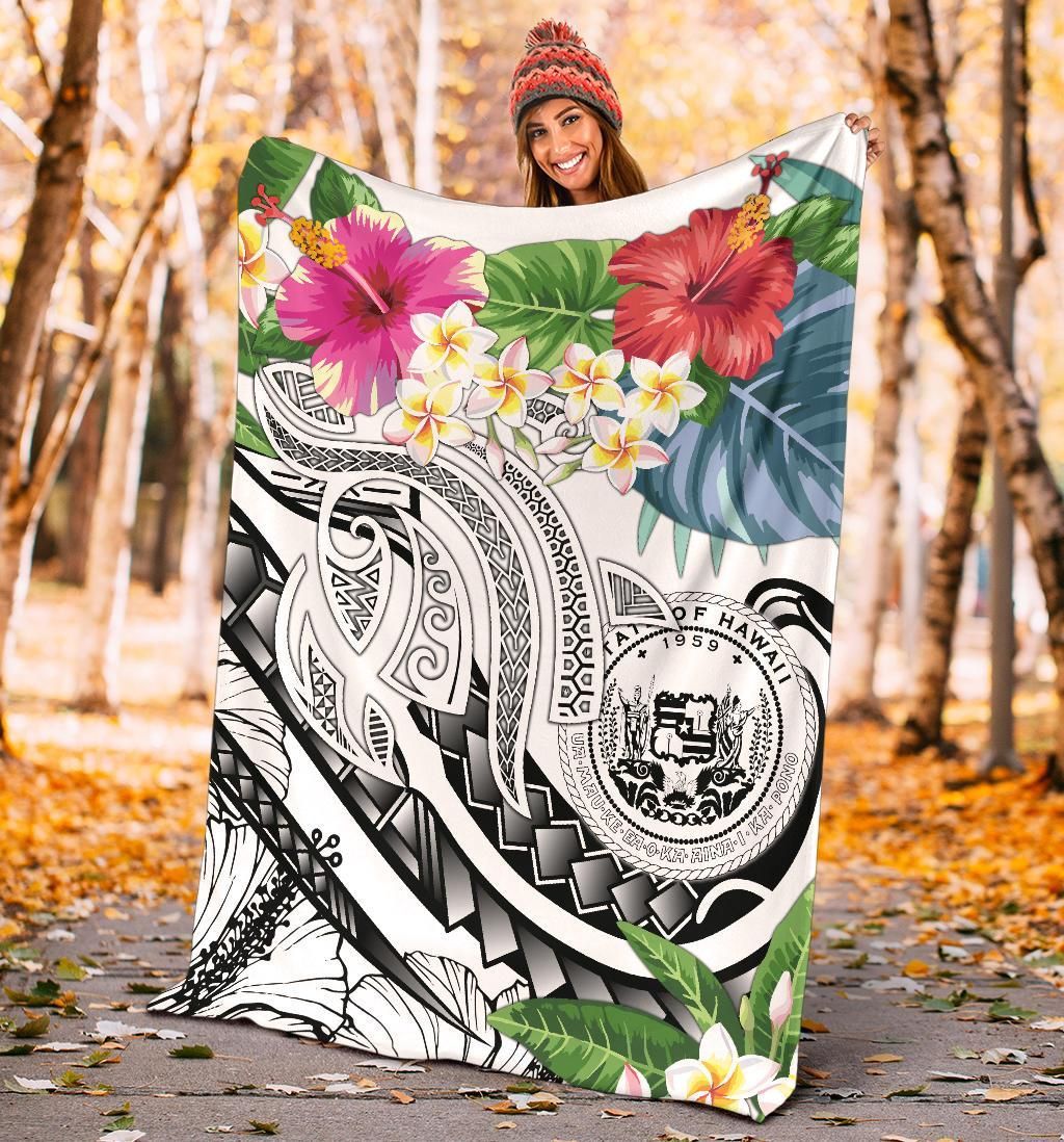 Polynesian Hawaii Premium Blanket - Summer Plumeria (White)