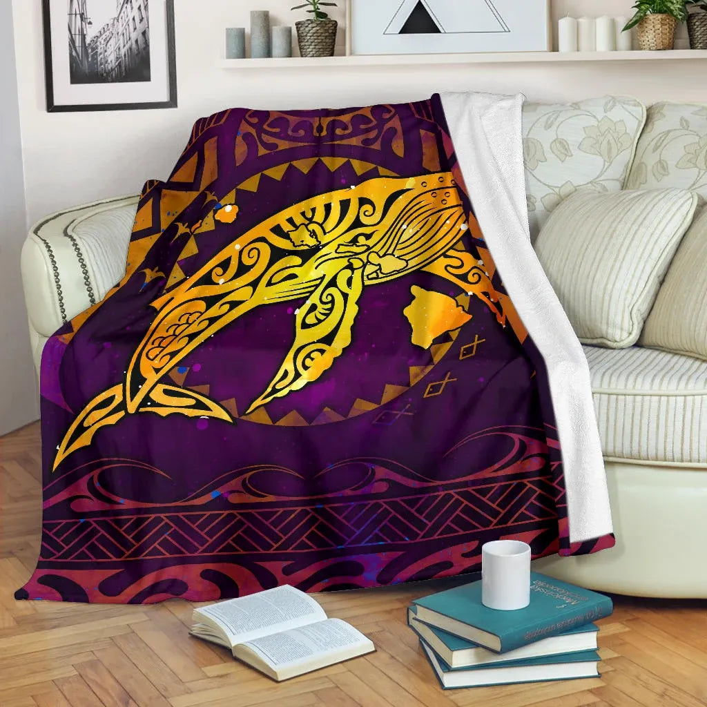 Polynesian Hawaii Premium Blanket - Whale Hawaii Map Purple Galaxy