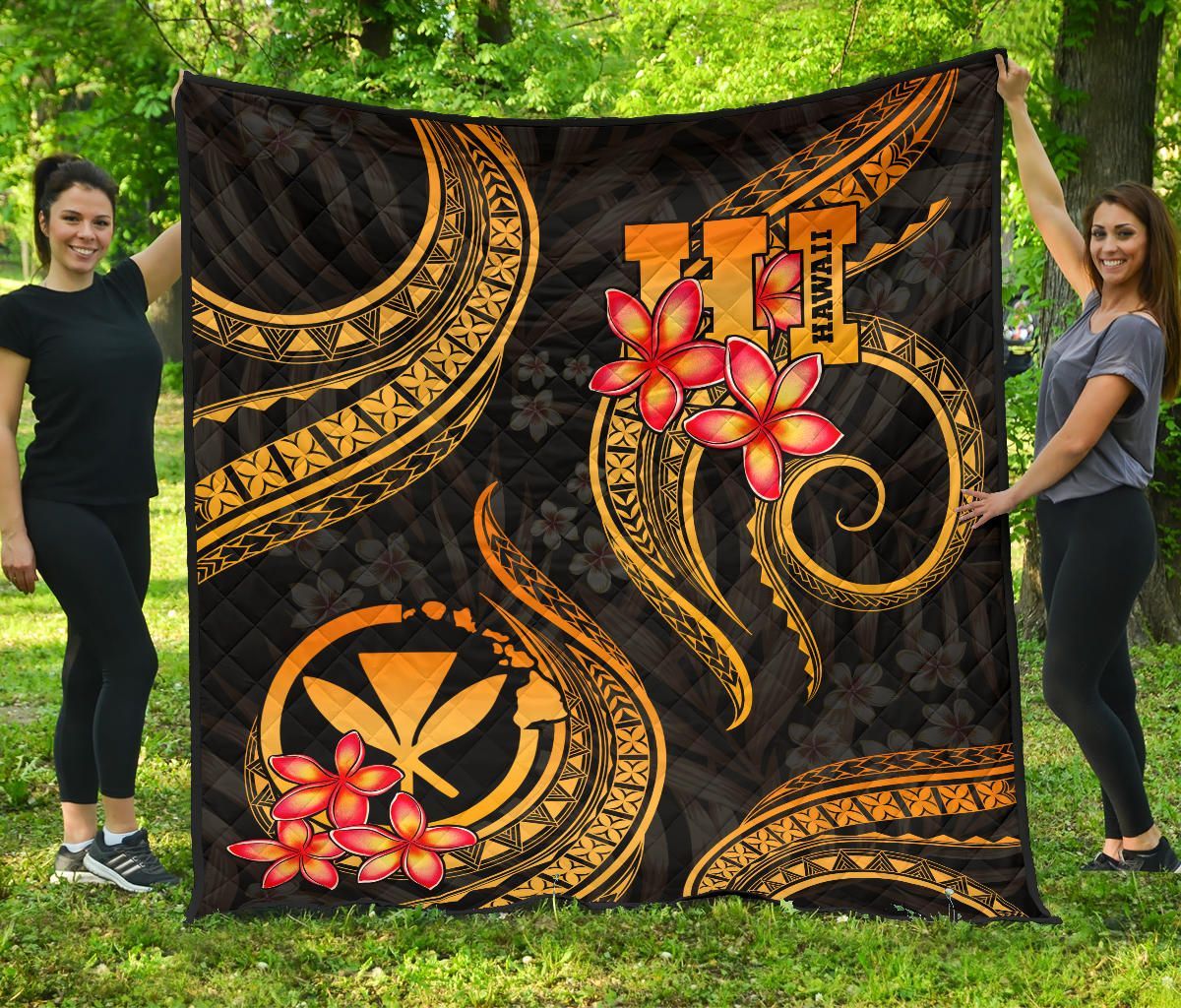 Polynesian Hawaii Premium Quilt - Gold Plumeria