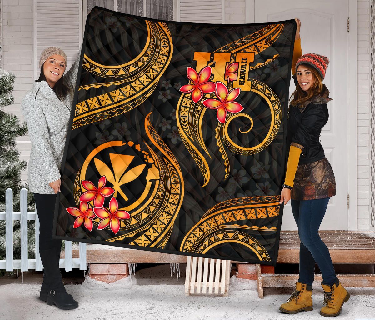 Polynesian Hawaii Premium Quilt - Gold Plumeria