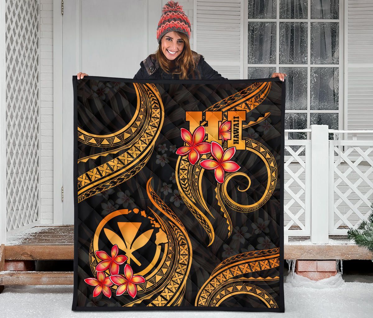 Polynesian Hawaii Premium Quilt - Gold Plumeria