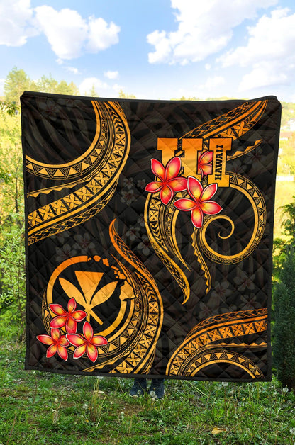 Polynesian Hawaii Premium Quilt - Gold Plumeria
