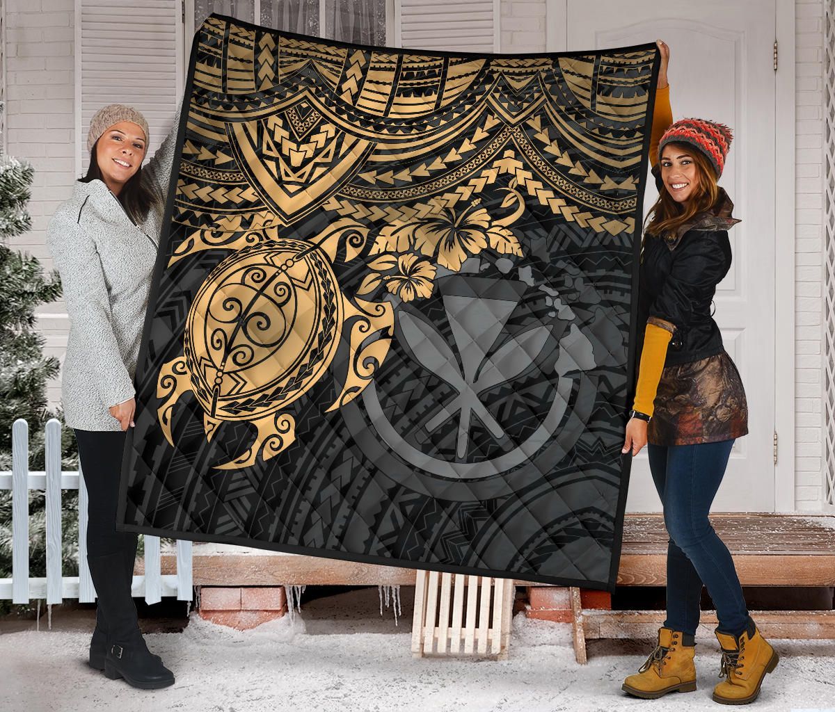 Hawaii Polynesian Premium Quilt - Kanaka Maoli & Gold Turtle Hibiscus