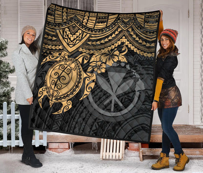 Hawaii Polynesian Premium Quilt - Kanaka Maoli & Gold Turtle Hibiscus