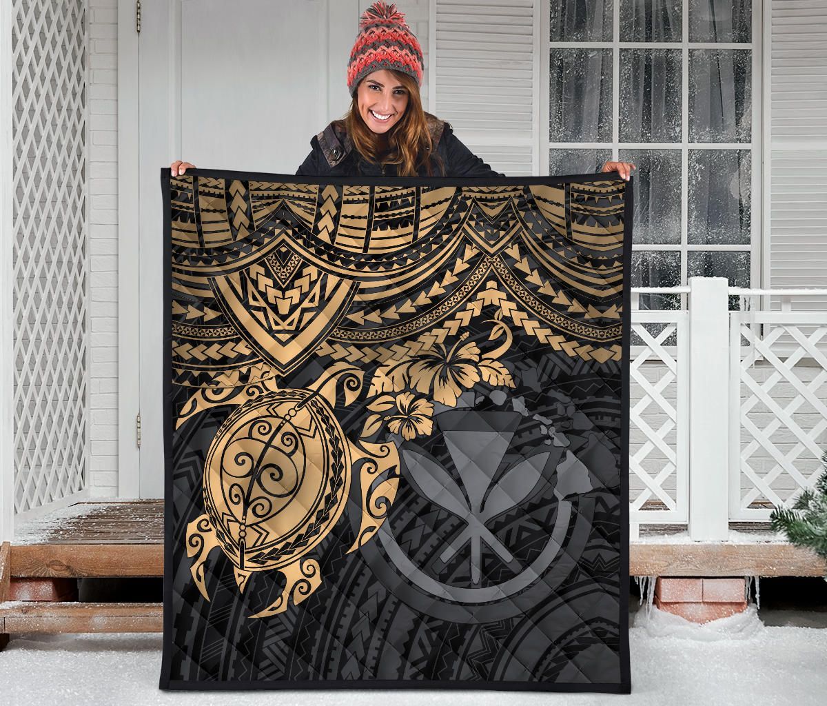 Hawaii Polynesian Premium Quilt - Kanaka Maoli & Gold Turtle Hibiscus