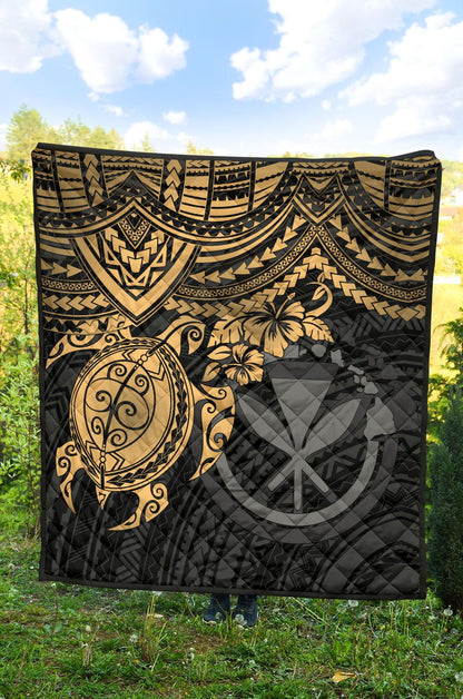 Hawaii Polynesian Premium Quilt - Kanaka Maoli & Gold Turtle Hibiscus