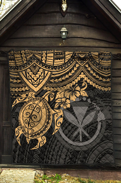 Hawaii Polynesian Premium Quilt - Kanaka Maoli & Gold Turtle Hibiscus