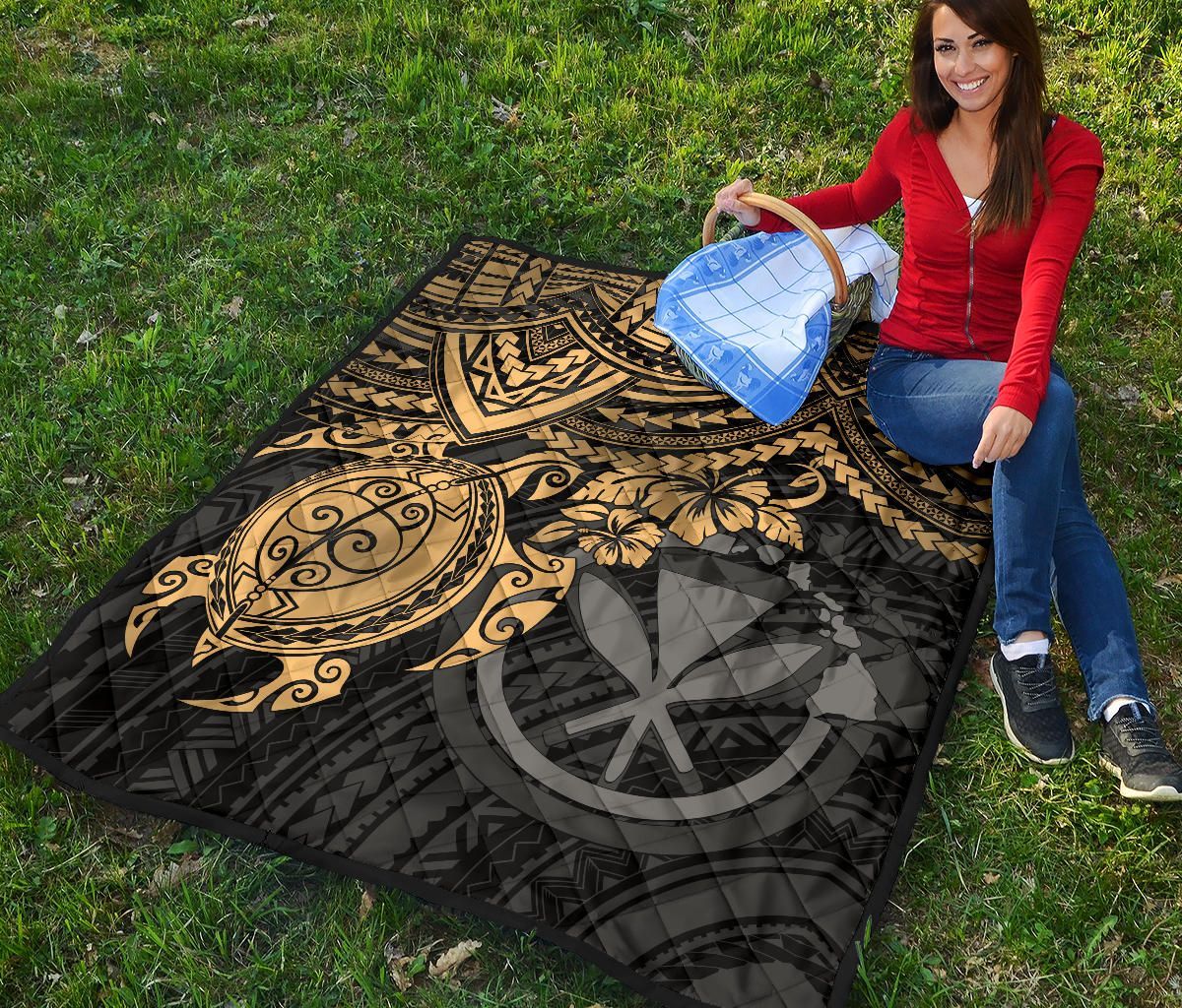 Hawaii Polynesian Premium Quilt - Kanaka Maoli & Gold Turtle Hibiscus