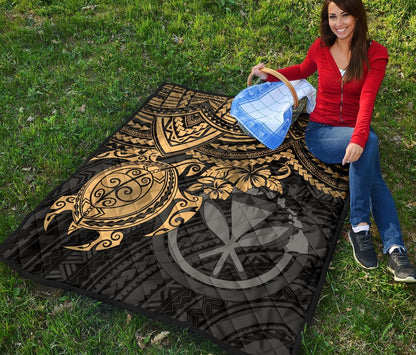 Hawaii Polynesian Premium Quilt - Kanaka Maoli & Gold Turtle Hibiscus