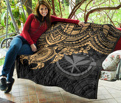 Hawaii Polynesian Premium Quilt - Kanaka Maoli & Gold Turtle Hibiscus