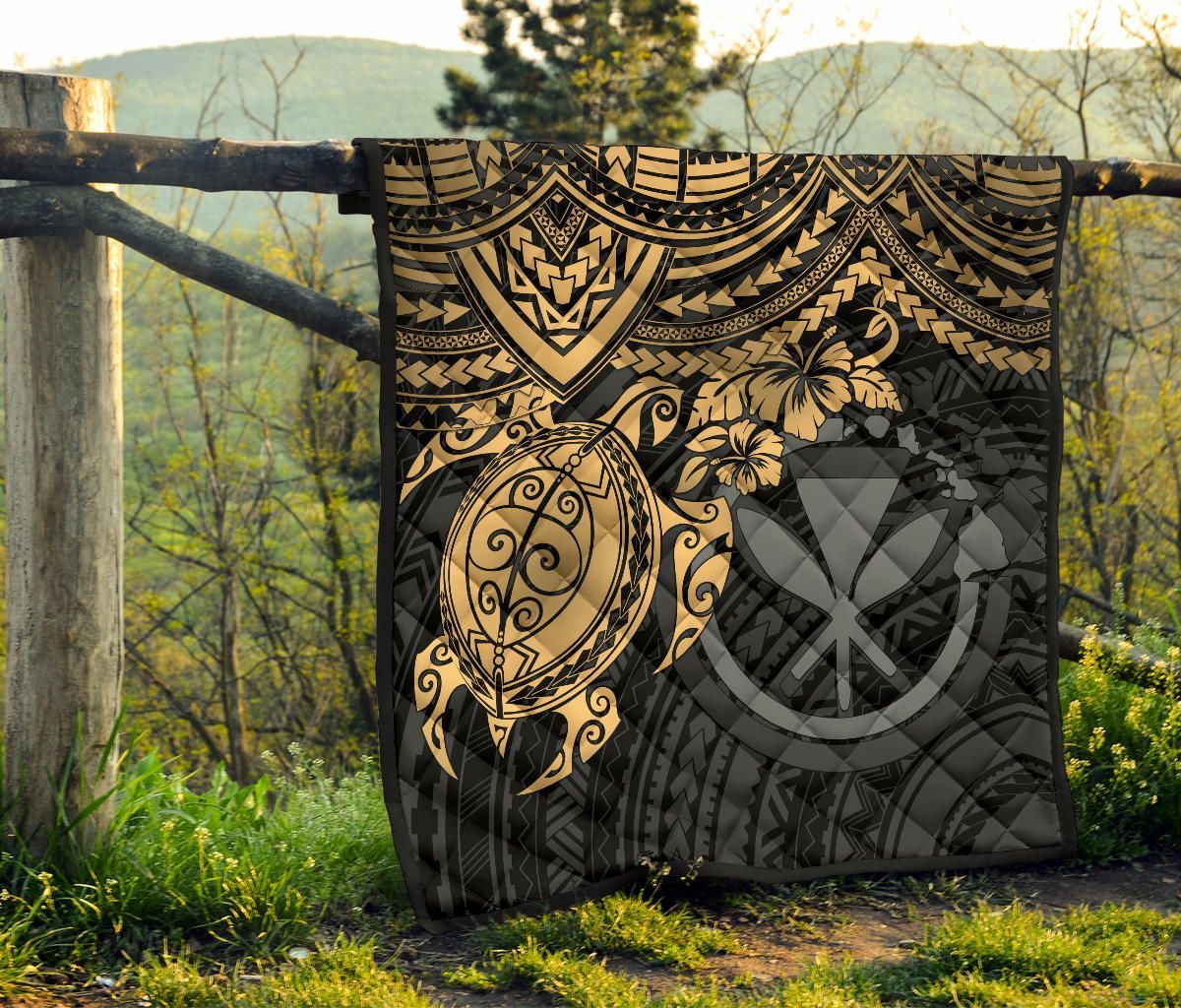 Hawaii Polynesian Premium Quilt - Kanaka Maoli & Gold Turtle Hibiscus
