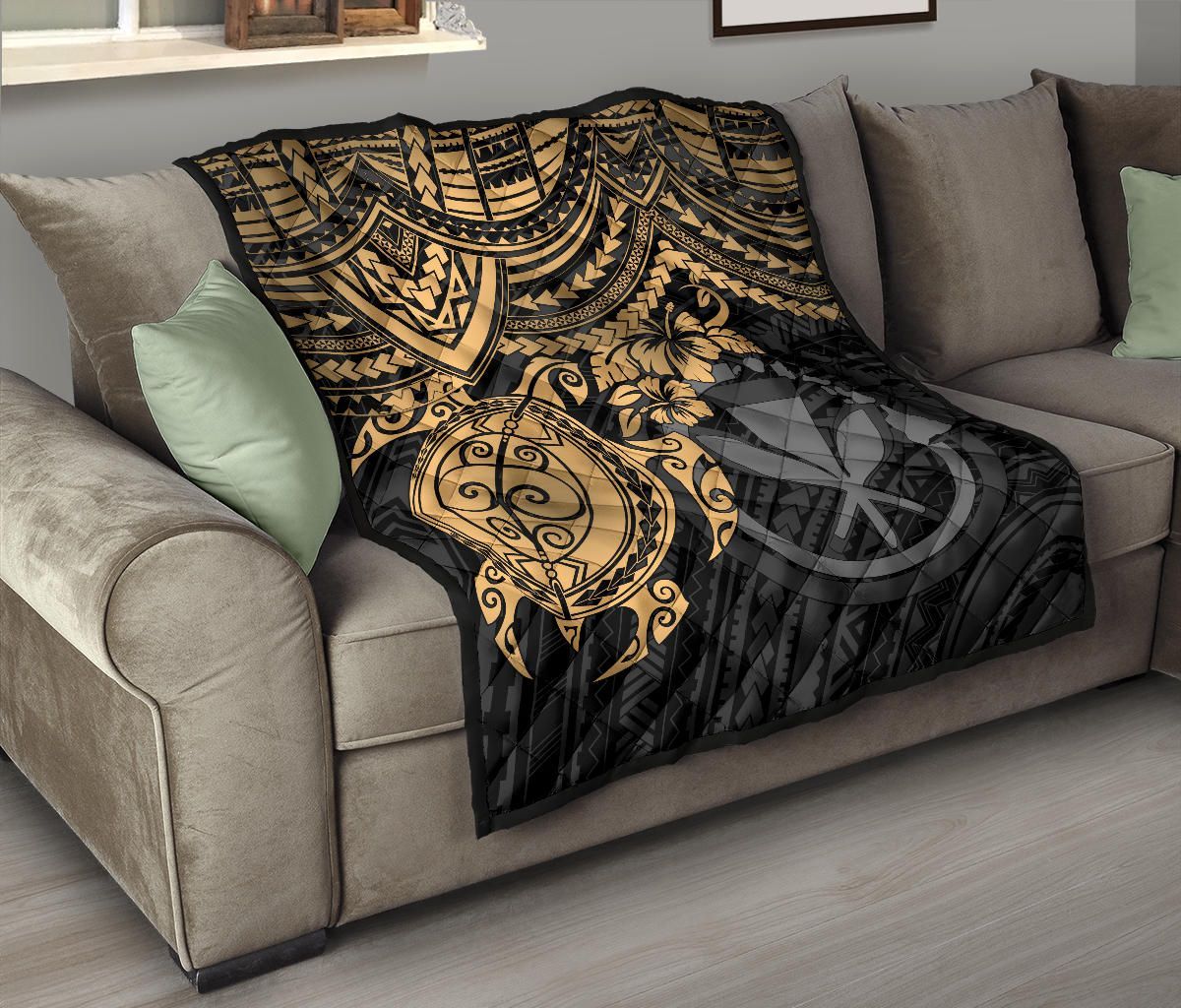 Hawaii Polynesian Premium Quilt - Kanaka Maoli & Gold Turtle Hibiscus