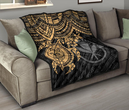 Hawaii Polynesian Premium Quilt - Kanaka Maoli & Gold Turtle Hibiscus