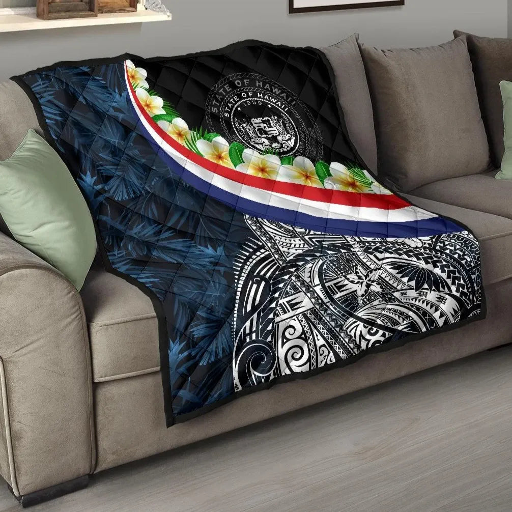 Polynesian Hawaii Premium Quilt - Hawaii Seal With Plumeria Style