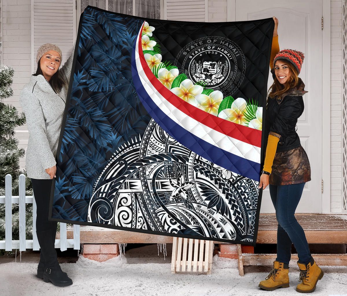 Polynesian Hawaii Premium Quilt - Hawaii Seal With Plumeria Style