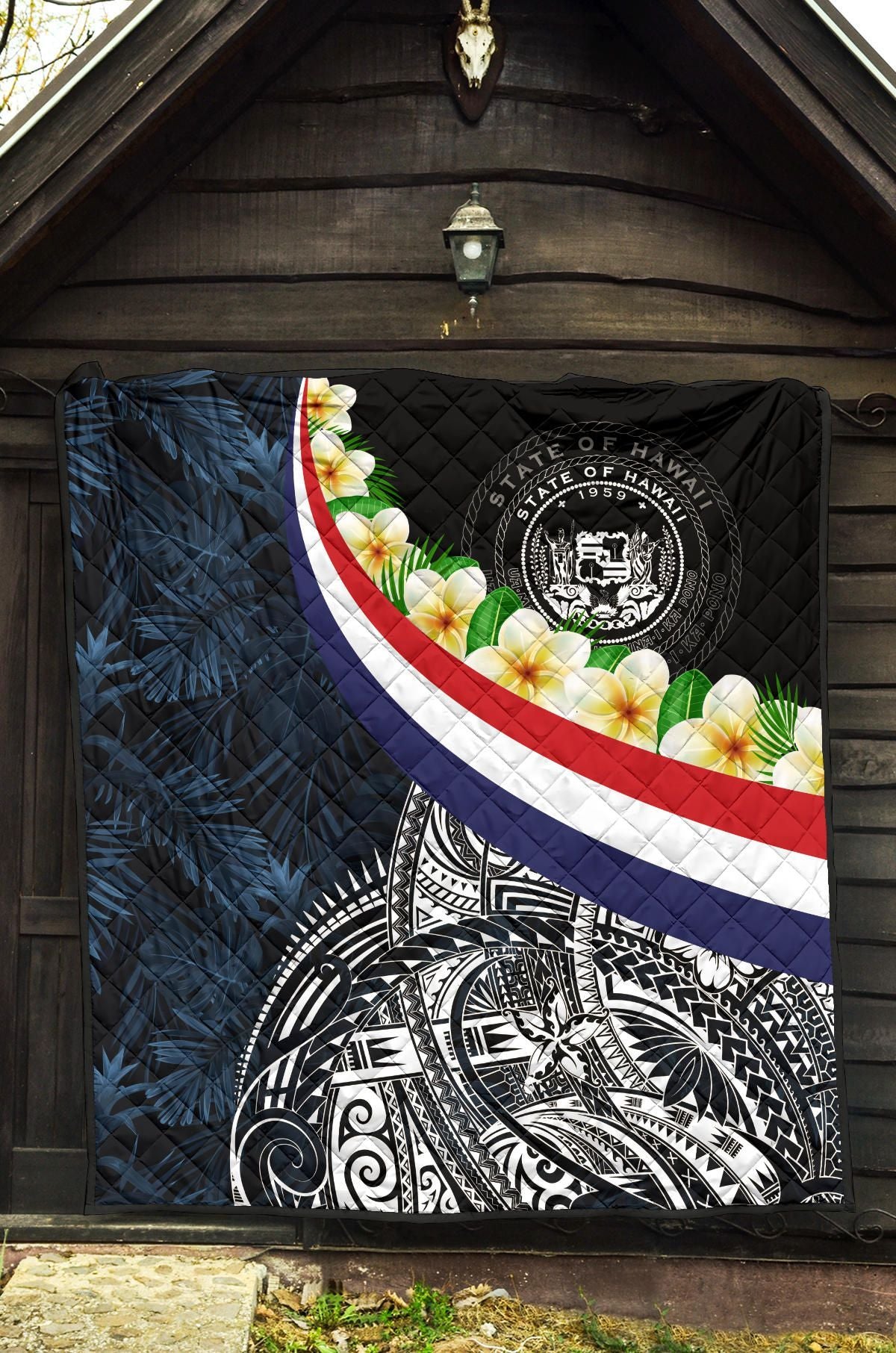 Polynesian Hawaii Premium Quilt - Hawaii Seal With Plumeria Style