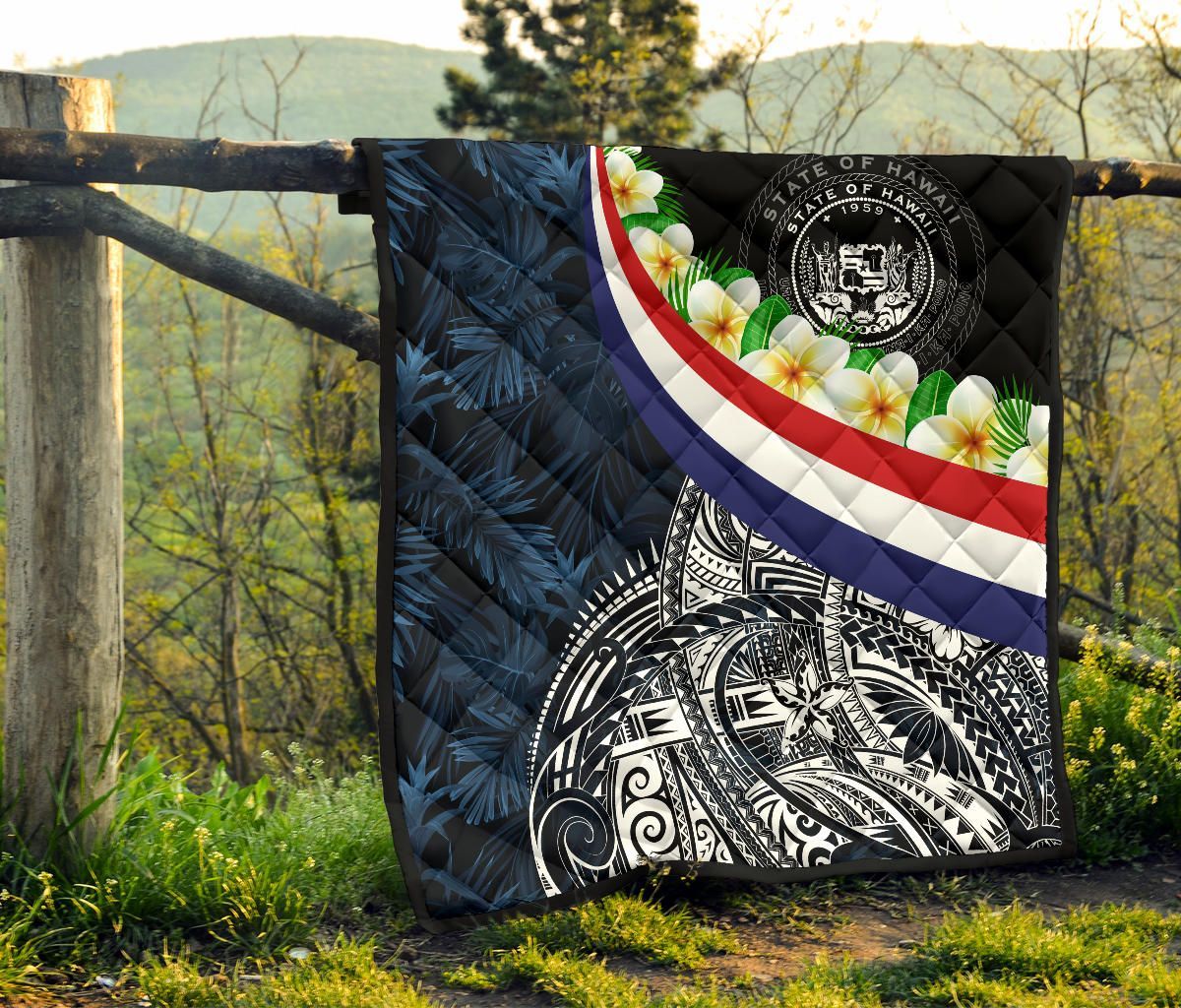Polynesian Hawaii Premium Quilt - Hawaii Seal With Plumeria Style