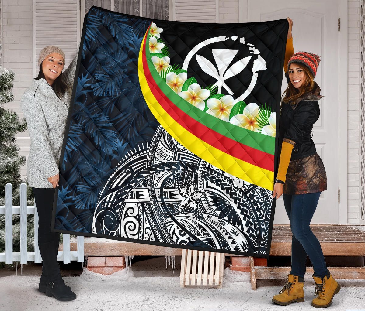 Polynesian Hawaii Premium Quilt - Kanaka Maoli With Plumeria Style