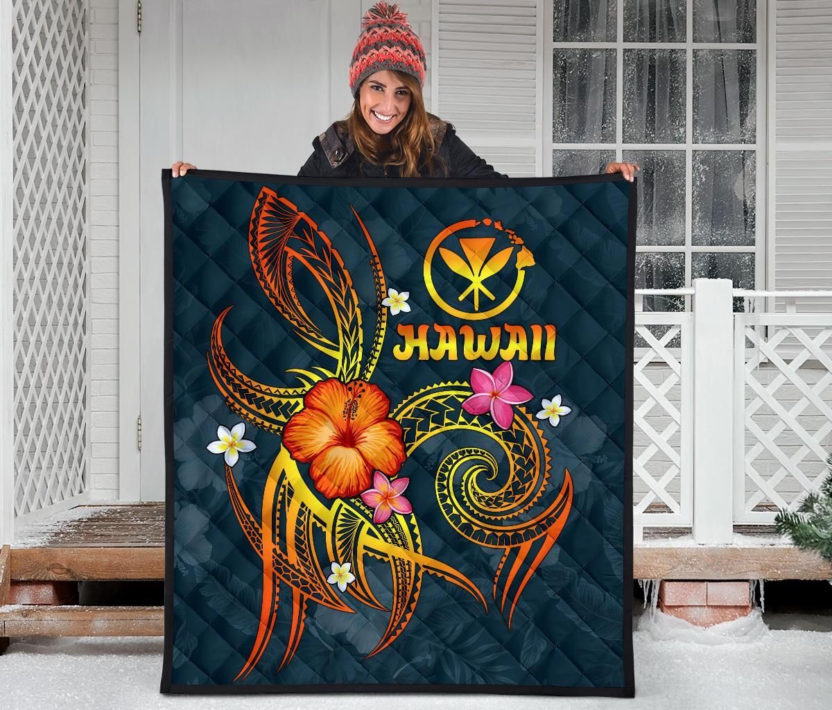 Polynesian Hawaii Premium Quilt - Legend of Kanaka Maoli (Blue)