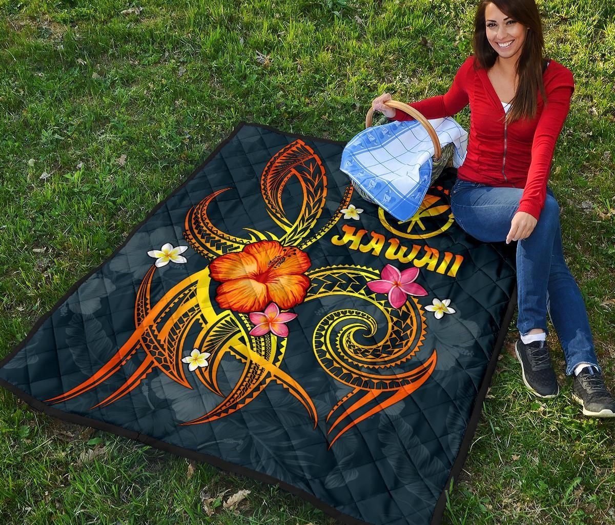 Polynesian Hawaii Premium Quilt - Legend of Kanaka Maoli (Blue)