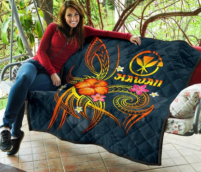 Polynesian Hawaii Premium Quilt - Legend of Kanaka Maoli (Blue)