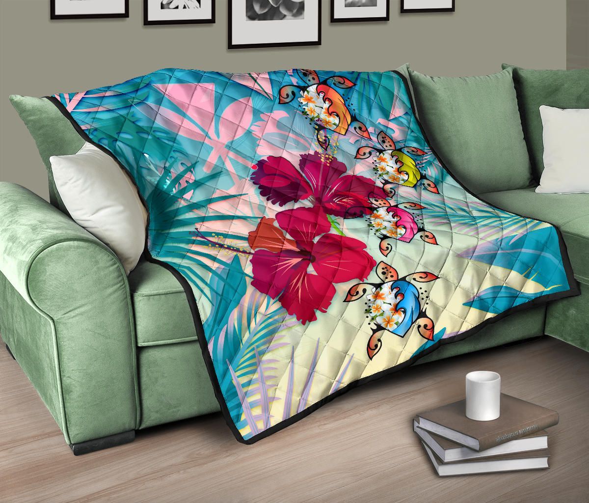 Polynesian Hawaii Premium Quilt - Plumeria Turtles with Hibiscus