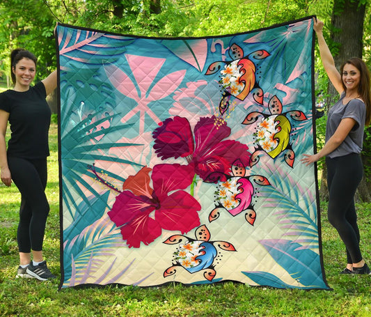 Polynesian Hawaii Premium Quilt - Plumeria Turtles with Hibiscus