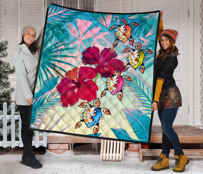 Polynesian Hawaii Premium Quilt - Plumeria Turtles with Hibiscus