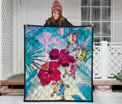 Polynesian Hawaii Premium Quilt - Plumeria Turtles with Hibiscus