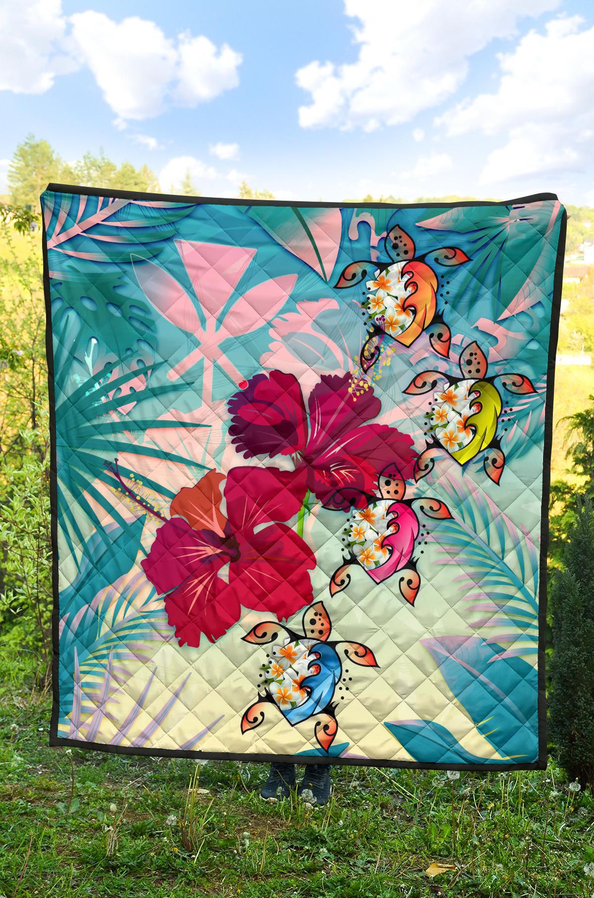 Polynesian Hawaii Premium Quilt - Plumeria Turtles with Hibiscus